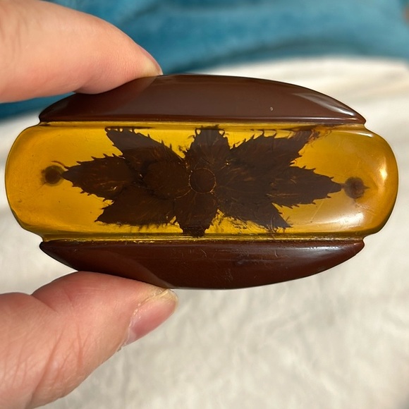 Vintage Circa 1930’s Reversed Carved Flower Apple Juice Brown Bakelite Brooch